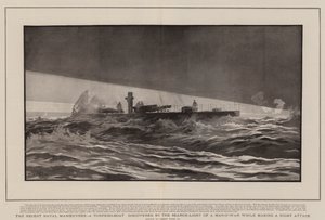 De recente marine-oefeningen, een torpedoboot ontdekt door het zoeklicht van een oorlogsschip tijdens een nachtelijke aanval